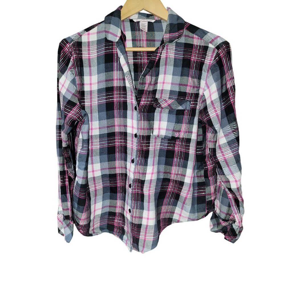 Victoria's Secret Flannel Button Up Sleep Shirt Pajama Top Black Pink Plaid